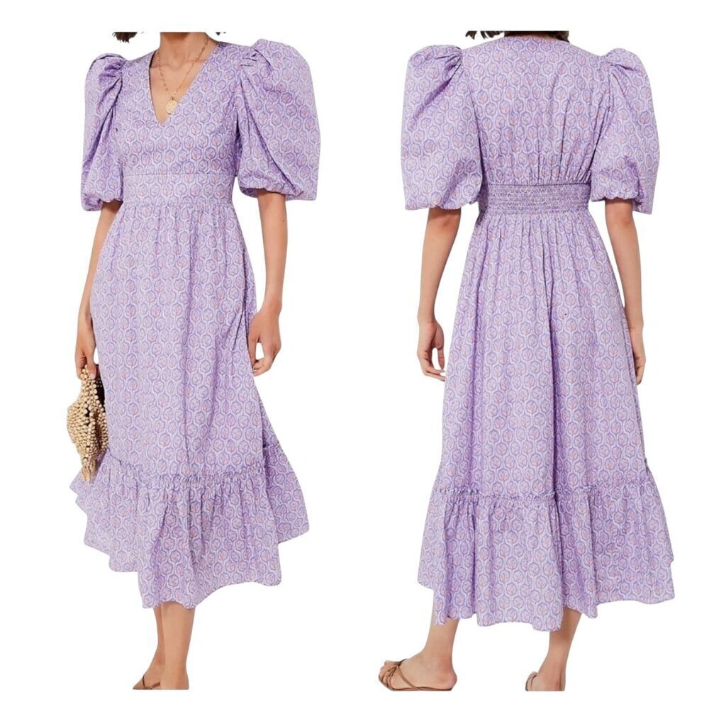Hyacinth House Lindley Dress XXS Purple Floral Puff Sleeve Midi